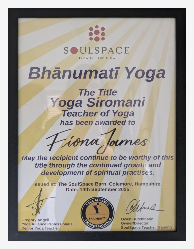 Fiona James Yoga Siromani teacher training certificate from SoulSpace